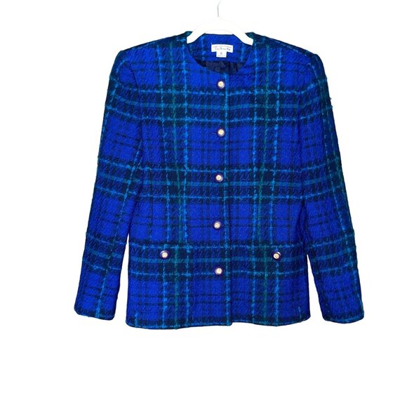 Vintage Talbots Plaid Wool Blend Jacket Womens Size 8 Blue/Black Button Front - Picture 1 of 10